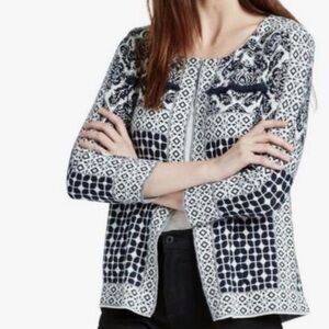 Lucky Brand Navy and Cream Damask and Abstract Print Open Sweater Cardigan XS